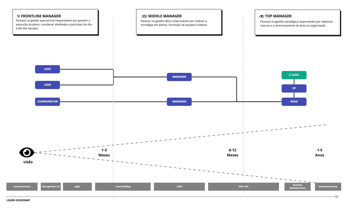 Three management levels: First-Line Manager (team leadership), Middle Manager (department strategy), Senior Leader (organizational vision)